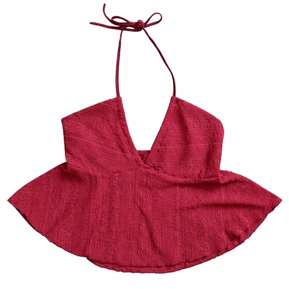 Women's Red Halter Top Crochet Like Details Tie Neck Babydoll Size Small - Picture 2 of 5